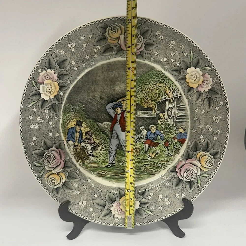 Vtg Adams Husking 10.5” Transferware Dinner Plate England Floral Farm Scene